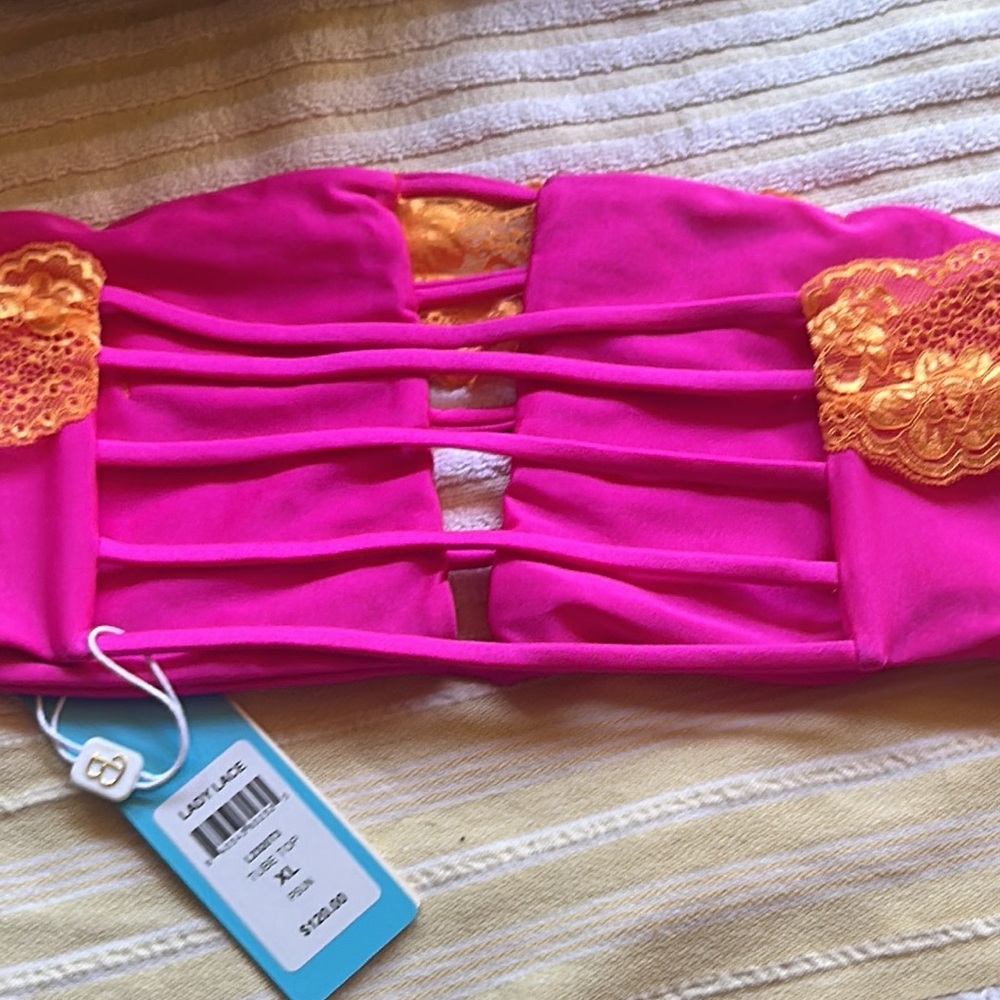NWY BEACH BUNNY lady lace Fuchsia and orange Lace Bandeau tube top XL - Picture 6 of 7